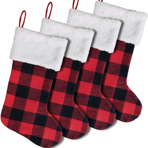 Meriwoods Christmas Stocking 4 Pk Rustic Xmas Stockings w/Buffalo Plaid & Faux f - Picture 2 of 7